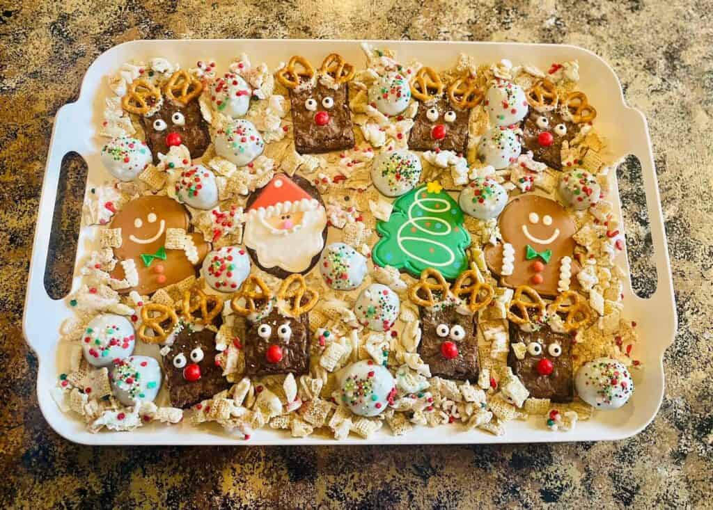Christmas Themed Dessert Tray with cookies and brownies