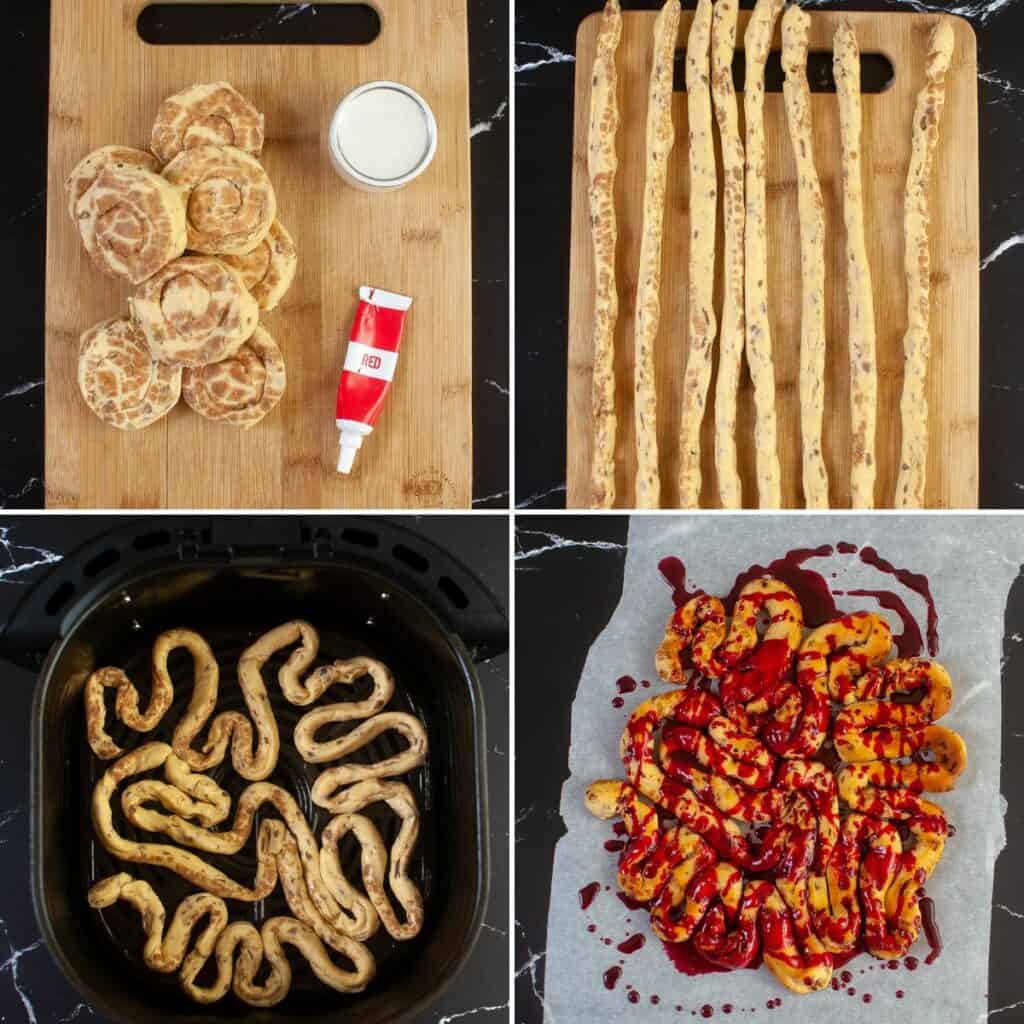 collage of the process of making zombie cinnamon rolls